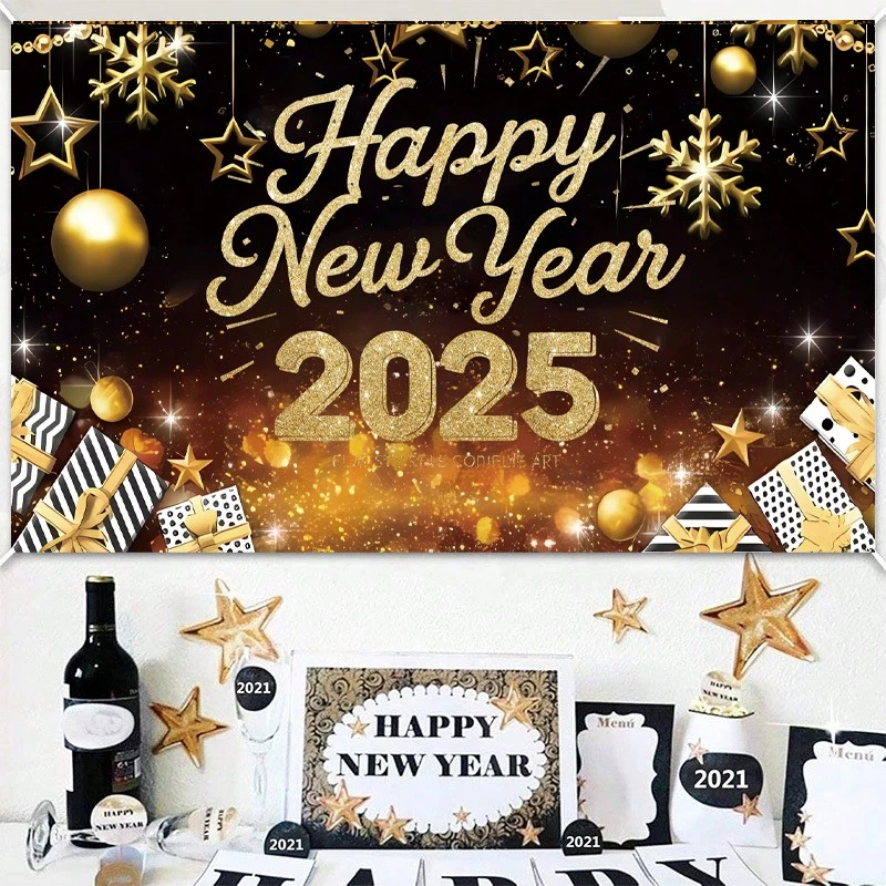 2025 New Year Celebration Party Flag, Gold Gift Box Design, Suitable