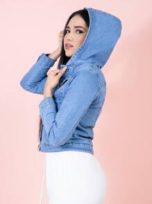 Women's Denim Jacket With Detachable Plush Hood And Denim Details - HNZYP1008 藍色 - 查看 1