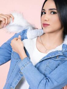 Women's Denim Jacket With Detachable Plush Hood And Denim Details - HNZYP1008 藍色 - 查看 6