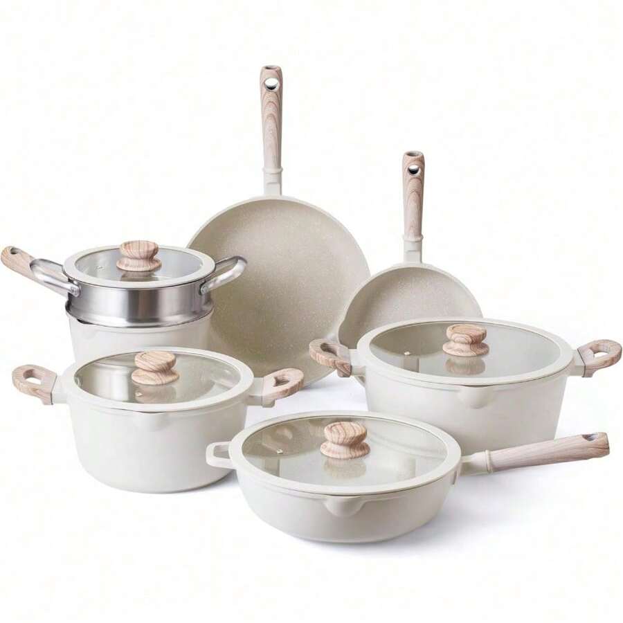 Country Kitchen Non-Stick Cast Aluminum Cookware Set - Durable Kitchen Cookware For Everyday Cooking, Chocolate Brown, 11 Pc. - Tay cầm tròn màu kem - Xem 1