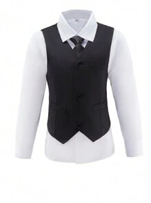Boys Suit Vest Kids Formal Waistcoat Vest With Pockets Adjustable Back Strap Vest For Wedding Piano Performance Black Size 4-14Y