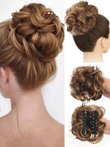 Chignon synthétique en désordre avec pince à cheveux. Rallonges de queue de cheval bouclée et ondulée. Accessoires pour chouchou et chignon pour femmes. Pièce de chignon en désordre synthétique avec pince à cheveux. Chignons ébouriffés, rallonges de cheveux bouclés et faux chignons pour femmes