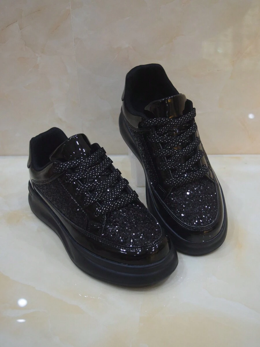 Giày thể thao buộc dây Black Diamond lấp lánh dành cho nam, giày thể thao thường ngày thời trang có đế mềm, giày thể thao thường ngày sáng bóng nhập vai có kim sa màu đen và ruy băng trang trí, phù hợp với sinh viên đại học