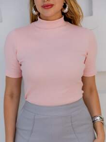 Ribbed Cotton Blouse With High Neck, Basic Sleeves, Casual, Fashion Trend, Baby Pink