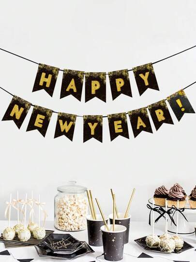 1set Happy New Year 2025 Fireworks Black Gold NYE Party Bunting Flag Garland