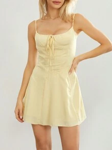 Women Plus Size Summer Mini Cami Dress Solid Color Sleeveless Tie Up Above Knee Party Dress - Màu vàng - Xem 4