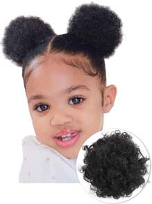 1 Piece Kids Mini Afro Puff Drawstring African Hair Bun Ponytail Fluffy Curls Synthetic Short Hair Extensions 's Updo Hair Bun Chignon For Girls Kids Daily New Year Christmas Wear Use Black Brown Colors