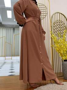Woven Fabric Long Sleeve Dress With Collar And Drawstring Details - Brown - View 5