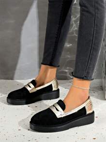 Women's Round Toe Platform Thick Bottom Mid-Top Canvas Slip-On Shoes, Women's New England Style Fashion Comfy Casual Versatile Suede Flats - Graphite Black - View 5