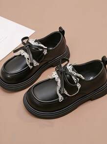 1 Pair Girls Bow Trim Design Flat Round Toe Ankle Boots, Cute, Suitable For All Seasons - Black - View 1