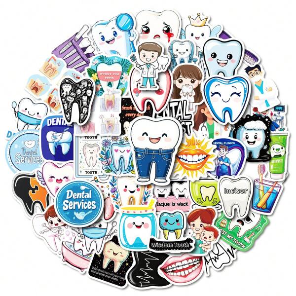 50pcs New Dentist Series Mixed Doodle Stickers, Cartoon Graffiti Stickers For Children