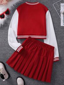 Tween Girls' Contrast Color Button Front Jacket And Pleated Skirt Set, Campus Style