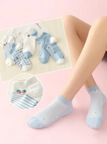 Pack Of 10 Pairs Elegant Women's Fruit Print Ankle Socks, Polyester And Spandex Blend, Breathable And Moisture Wicking, Knitted Fabric, Hand Washable. - 彩色 - 查看 2