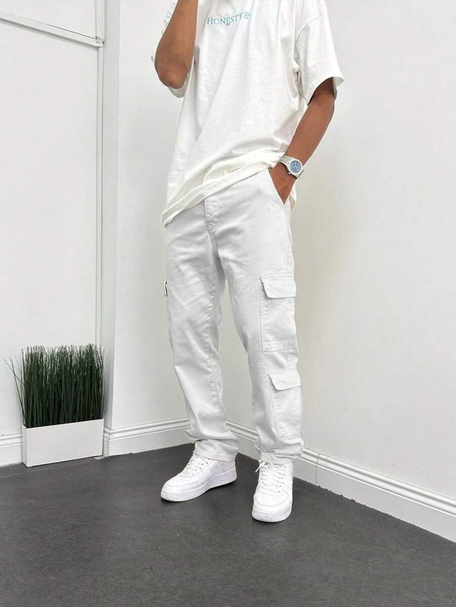 Quần Jeans Nam Dáng Rộng Nhiều Túi, Quần Cargo Ống Đứng Thời Trang Đường Phố - trắng - Xem 1