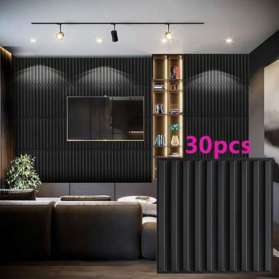 Aadesh 3D PVC Plastic Wall Panels, Suitable For Interior Wall Decoration, Waterproof And Heat-Resistant, With Grooved Texture. Ideal For Living Rooms, Halls, Bedrooms, Hotels, Offices, Game Rooms, And TV Accent Walls. 30cm * 30cm (Includes Installation Accessories). - Sọc đen - Xem 1