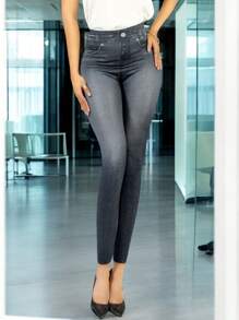 Leggins Mujer Mezclilla Faja Alta Estilo Pantalón Mezclilla - Negro - Ver 6