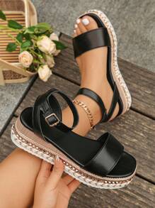 Damen Sandalen in Große Größen mit Nieten-Dekor, Knöchelriemen und einer Schnalle, schwarze Sandalen mit dicker Sohle, eleganter Keilabsatz-Stil für den Urlaub, Casual, Shopping - Schwarz - Übersicht 2