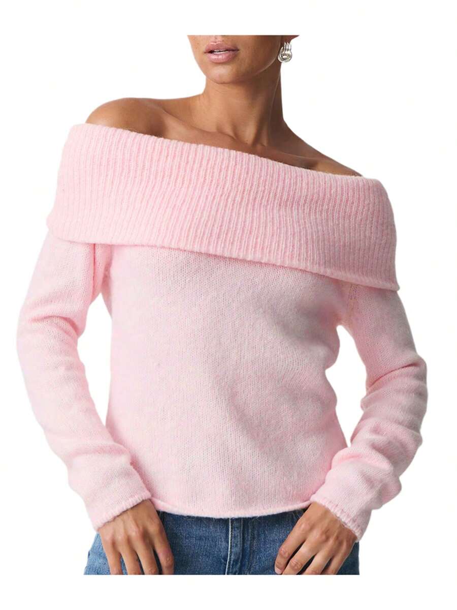 Women's Off Shoulder Sweater, Loose Fit Cropped Pullover Knit Top With Long Sleeves, Boat Neck Solid Color Fall Fashion Casual Wear - 粉色 - 查看 1