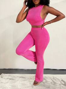 Women Fashion Two Piece Outfit Sexy Bodysuit Cropped Top Party Club Outfit Bodysuit Wide Leg Pants Rose Red For 2024 Christmas Party Gifts - Rose Red - View 5