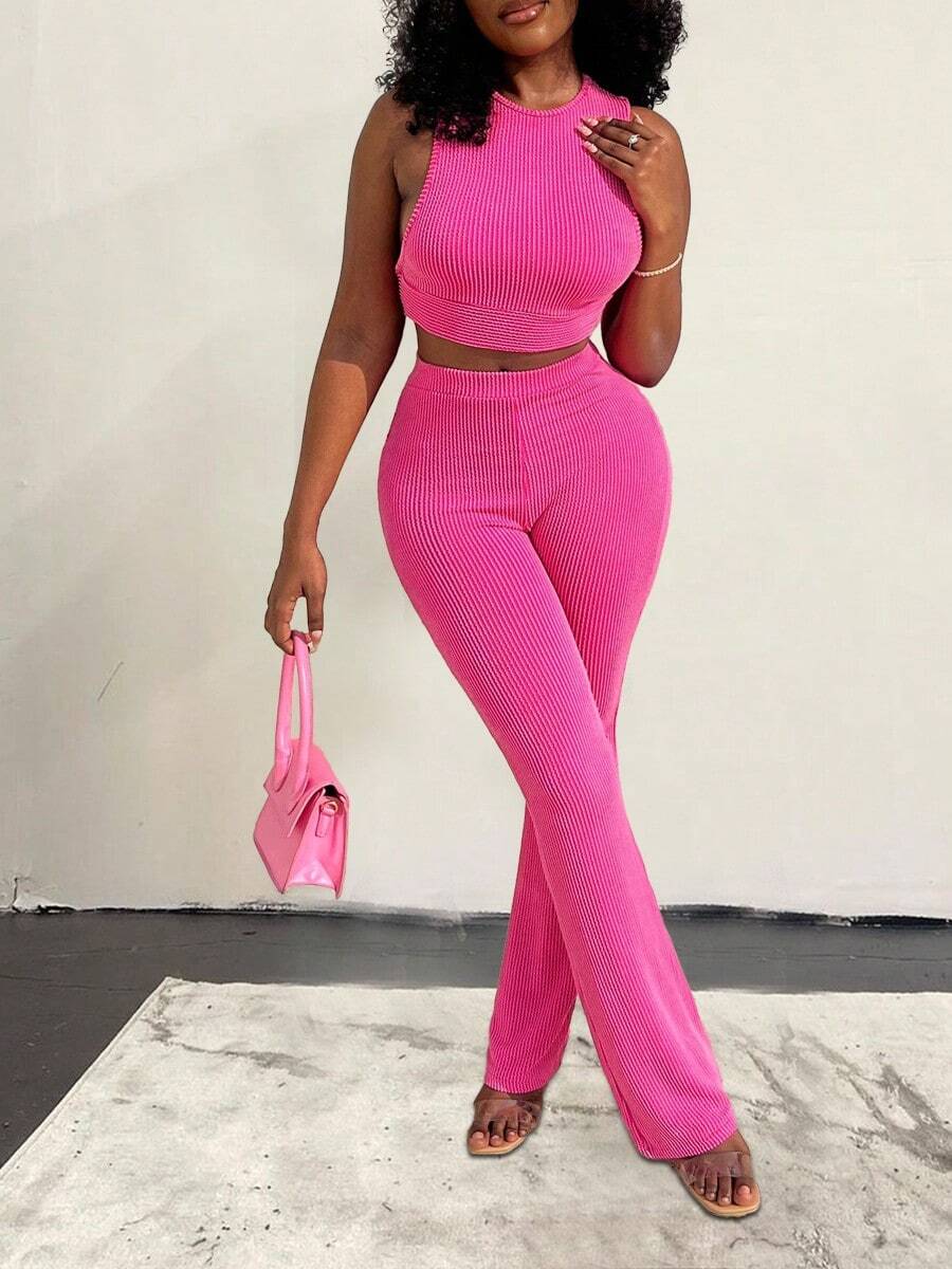 Women Fashion Two Piece Outfit Sexy Bodysuit Cropped Top Party Club Outfit Bodysuit Wide Leg Pants Rose Red For 2024 Christmas Party Gifts - Rose Red - View 1