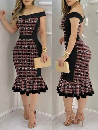 ChicMe 千鸟格印花露肩紧身连衣裙荷叶边下摆复古修身中长连衣裙