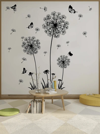 2pcs Dandelion Print Wall Sticker, Black Self Adhesive Wall Art Decal For Home Decor, Stickers, Wall Decal, Vinyl Decal For Home Decorations, Spring Decoration Items Refresh Your Home, Festival Decoration Stickers Gifts Birthday Graduation