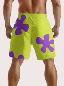 AICJ 1pc Men Polyester Casual Shorts Sleep Bottoms - Regular Fit, Non-Stretchy Woven Fabric, Drawstring Waistband, Pockets, Quick-Drying, Cartoon Floral Pattern, Suitable For Outdoor, Beach, Travel - Spring/Summer Sleep Shorts