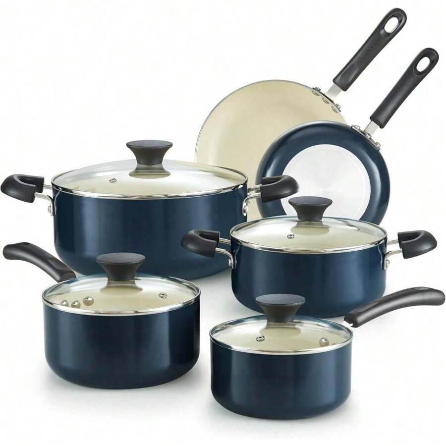 Cook N Home Pots And Pans Set Nonstick, 10-Piece Ceramic Kitchen Cookware Sets, Nonstick Cooking Set With Saucepans, Frying Pans, Dutch Oven Pot With Lids, Yellow - Blue - View 1