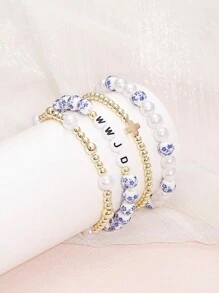 4PCS Fashion New Bohimian Boho Style And Elegant Blue And White Porcelain Faux Pearl Beaded Golden Beaded WWJD(What Would Juses Do) Bracelet Jewelry For Women Men Jesus Bracelets Faith Easter Christian Jewelry Birthday Gift, Anniversary Gift,Christmas Gifts