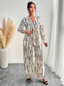 AIJ Amarilo Damen Lässig Pendler Künstlerischer gestreifter Muster Wickelbluse und weite Hose 2 Stücke Set, Bürooutfit-Kreation - Aprikosenfarbe - Übersicht 6