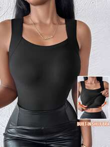 ChicMe 女式背心内置胸垫无缝无袖方领吊带背心高弹力修身休闲基本款分层衬衫