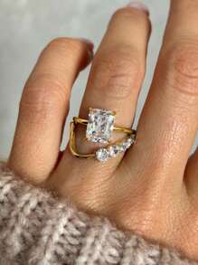 1pc Shiny Geometric Pattern 0.5/1/2/5 Carat Radiant Cut Engagement Ring, Wedding Ring, Women's Promise Ring, Eternity Ring, Elegant Jewelry Gift - Gold - View 5