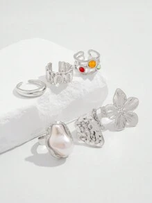 6pcs/Set Vintage Floral & Gemstone Decorated Rings, Women Elegant Baroque Pearl Rings, Punk Hip-Hop Gold Knuckle Rings, Suitable For Daily Wear, Party & Banquet, Festivals, Versatile Fashion Jewelry