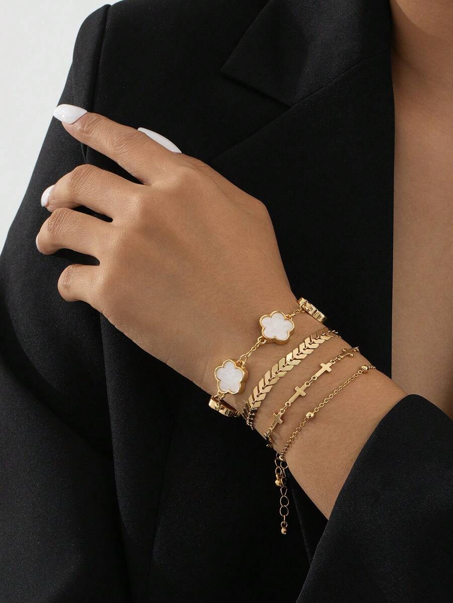 4 件套女士金手链，带幸运四叶草、飞机、珠子和吊饰