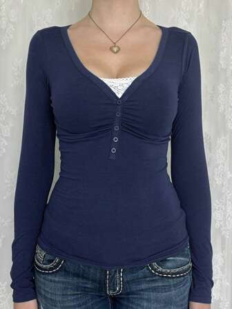 Women's T-Shirt Y2K Fall Clothes Casual Daily Sexy Solid Color Lace Contrasting Color Slim Long Sleeve V-Neck Top