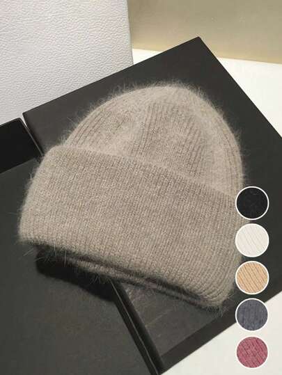 1 Pieza Sombrero de punto de pelo de conejo Sombreros de mujer de otoño e invierno Sombreros de punto Sombreros calientes con orejeras Sombreros de hombre Gorra de esquí al aire libre cálida y esponjosa de unicolor Moda casual simple y grande Sombrero de Halloween