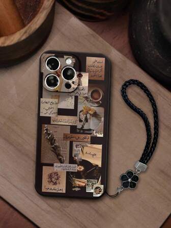 挂绳 1 件精密打孔直边深黄色拼布阿拉伯绘画加厚防摔手机壳，配手工编织带，适用于 Phone 16/Pro Max、Phone 13、Galaxy Phones、Phone 11/12 防水防震防刮