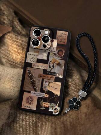 1 pieza Cordón de cuello Borde recto con perforaciones precisas Pintura árabe de patchwork amarillo oscuro Funda de teléfono antideslizante con correa tejida a mano, compatible con iPhone 16/Pro Max, iPhone 13, teléfonos Galaxy, iPhone 11/12, resistente al agua, a los golpes y a los arañazos