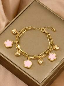 1pc Double Layer Four-Leaf Clover Heart Charm Bracelet