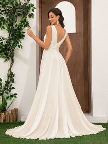 Women's Romantic Chiffon Lace Patchwork Floor-Length Wedding Dress,Bride - Apricot - View 2