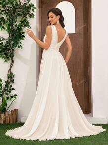 Vestido de novia de encaje y gasa romántico con patchwork hasta el suelo para la novia