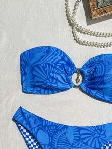 2025 Strój plażowy 2-częściowy damski kostium kąpielowy, zestaw bikini bandeau, wygodny poliester ocean shell druk cyfrowy seksowny top bez ramiączek i wysoko wycięty trójkątny dół, stylowy strój kąpielowy na imprezę/wakacje