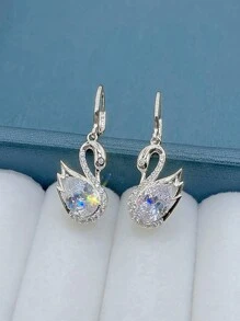 1 对优雅天鹅设计独特玻璃镶嵌耳环，奢华品质，适合日常佩戴、派对、节日礼物、时尚配饰（无礼盒） - 銀色 - 查看 3