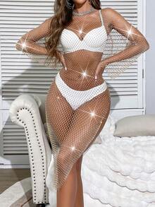 1pc Dropped Shoulder Fishnet Rhinestone Sheer Slit Dress (Innerwear Not Included) - Gold - View 3
