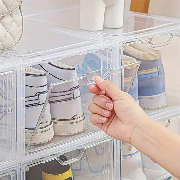 Folding Shoe Box With Door, Plastic Dustproof Shoes Storage Box, Stackable Shoe Collection Display Container, Household Space Saving Storage Organizer For Bedroom, Bathroom, Office, Entryway, Hallway, Closet, Wardrobe, Home, Dorm