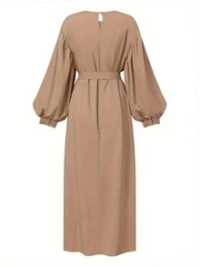 Women's Solid Color Round Neck Lantern Sleeve Knotted Waist Elegant Arabic Style Dress - Khaki - View 2