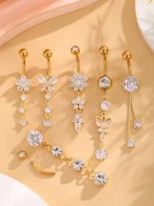 6pcs Gold Butterfly Chain Belly Button Rings Set, Classic Stainless Steel Piercing Pendant Jewelry For Women Daily Wear - Silver - View 3