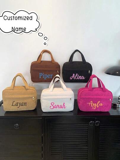 Customized Embroidery Autumn New Large Capacity Handbag Fashion Small Square Bag Simple Casual Handbag Corduroy Makeup Storage Handbag Multifunctional Portable Travel Storage Bag Large Capacity Hot Pink, Royal Blue, Green, Burgundy Red Personalized, Unique, Custom Personalized Gifts For Women, Toiletry Bag Ideal Gifts For Her Girlfriend, Family, Friends, Children, Pink Girls