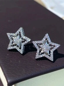 1pair Brilliant Crystal Star Earrings For Men Full Paved White Cubic Zirconia Simple Stylish Earring Versatile Fashion Jewelry
