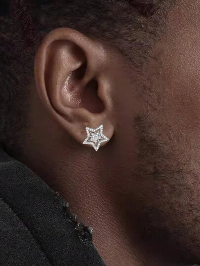 1 Pair Sparkling Crystal Star Earrings, Men's Style, Fully Inlaid With White Cubic Zirconia, Minimalist Fashion Earrings, Versatile Stylish Jewelry